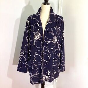 VTG WILLOW  RIDGE XL FLORAL NAVY CARDIGAN JACKET OPEN FRONT CAREER CASUAL